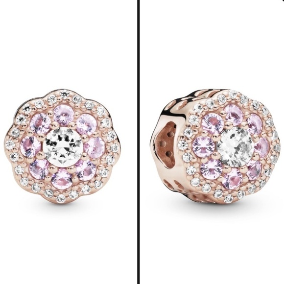 New Pandora Flower 14K Rose Gold Plated Charm Pink Crystal Clear Cubic Zirconia - Picture 1 of 10